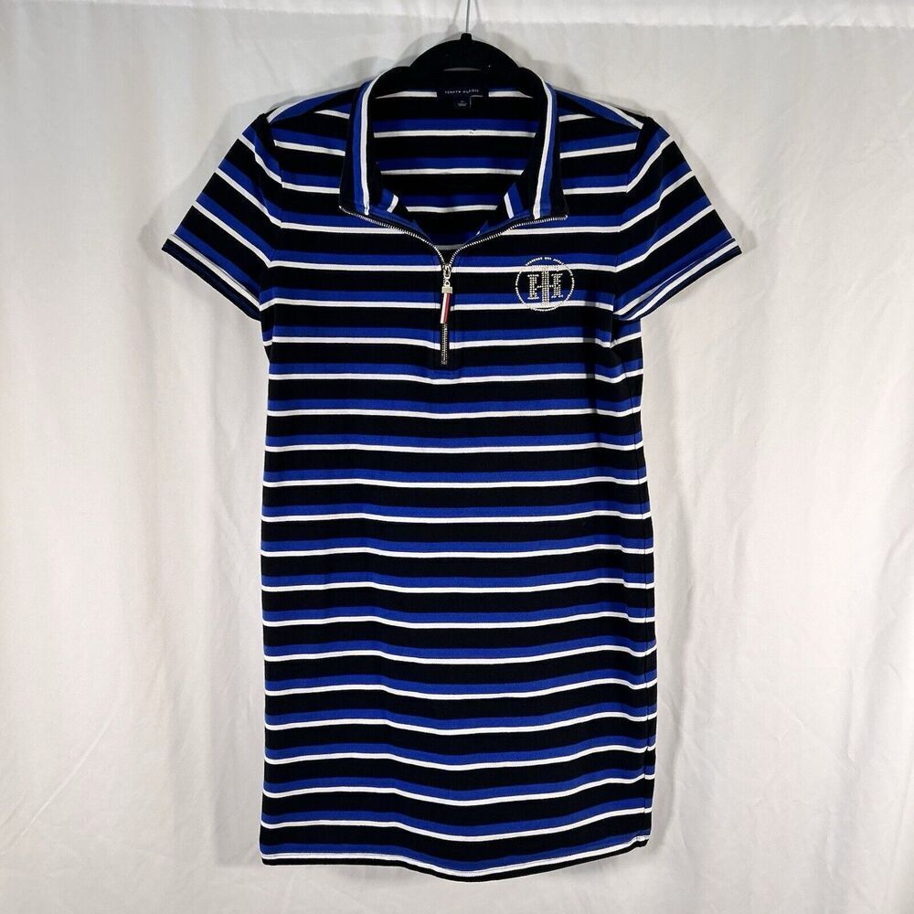 Tommy Hilfiger Mini Dress Women's Medium Blue Striped Short Sleeve 1/4 Zip